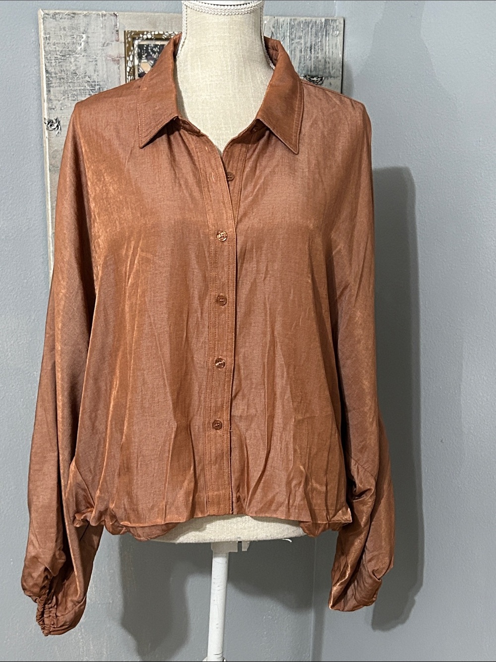 Women's Copper Satin Button-Down Shirt - Shiny Long Sleeve Blouse